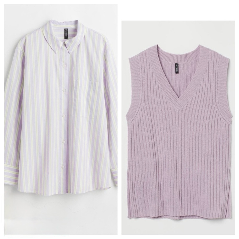 NWT H&M oversized poplin shirt light purple stripe and V-Neck Sweater Vest XL